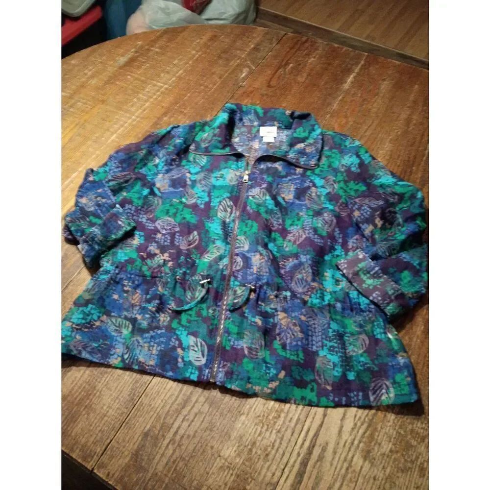 Size 18 Ruby Rd Semi Sheer Leaf Print Front Zip Jacket Blazer Top Shirt